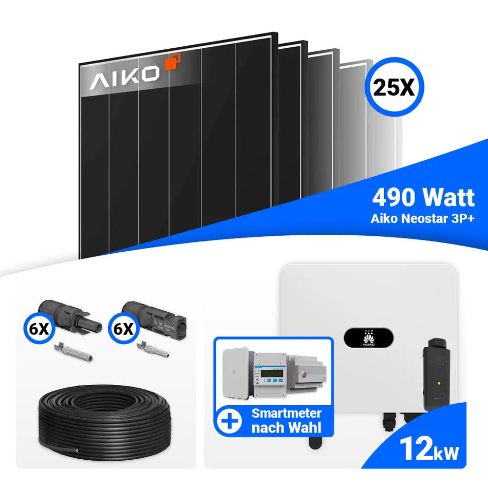 PV Komplettset 12 kWp mit AIKO 490W Black Frame und Huawei SUN2000-12K-MB0
