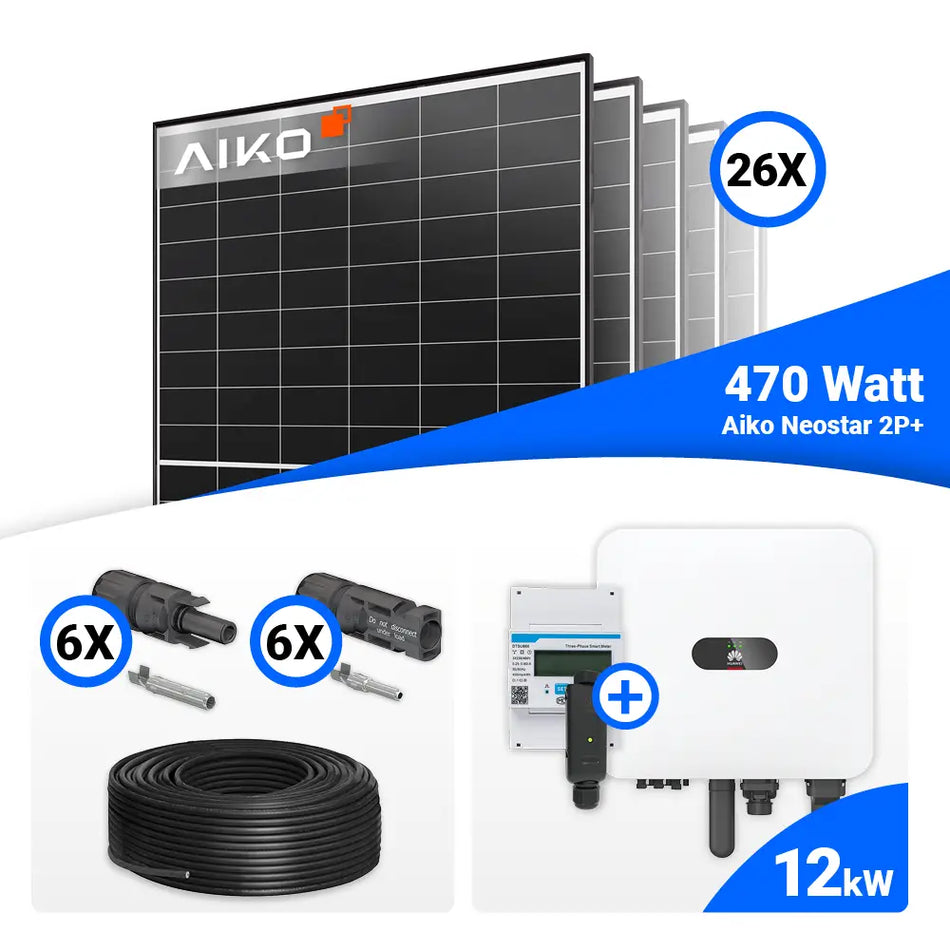 PV Komplettset 12 kWp – 26x AIKO 470W Black Frame & Huawei MAP0 mit Speicheroption