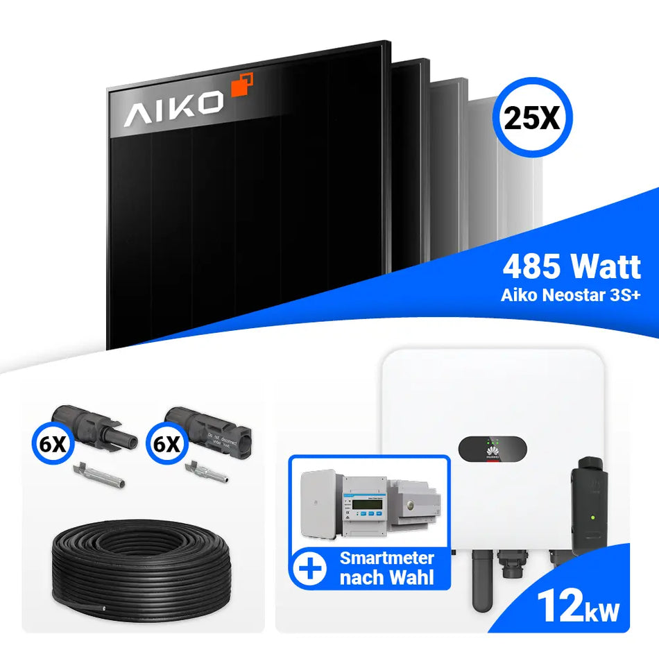 PV Komplettset 12 kWp mit AIKO 485W Full Black und Huawei MAP0