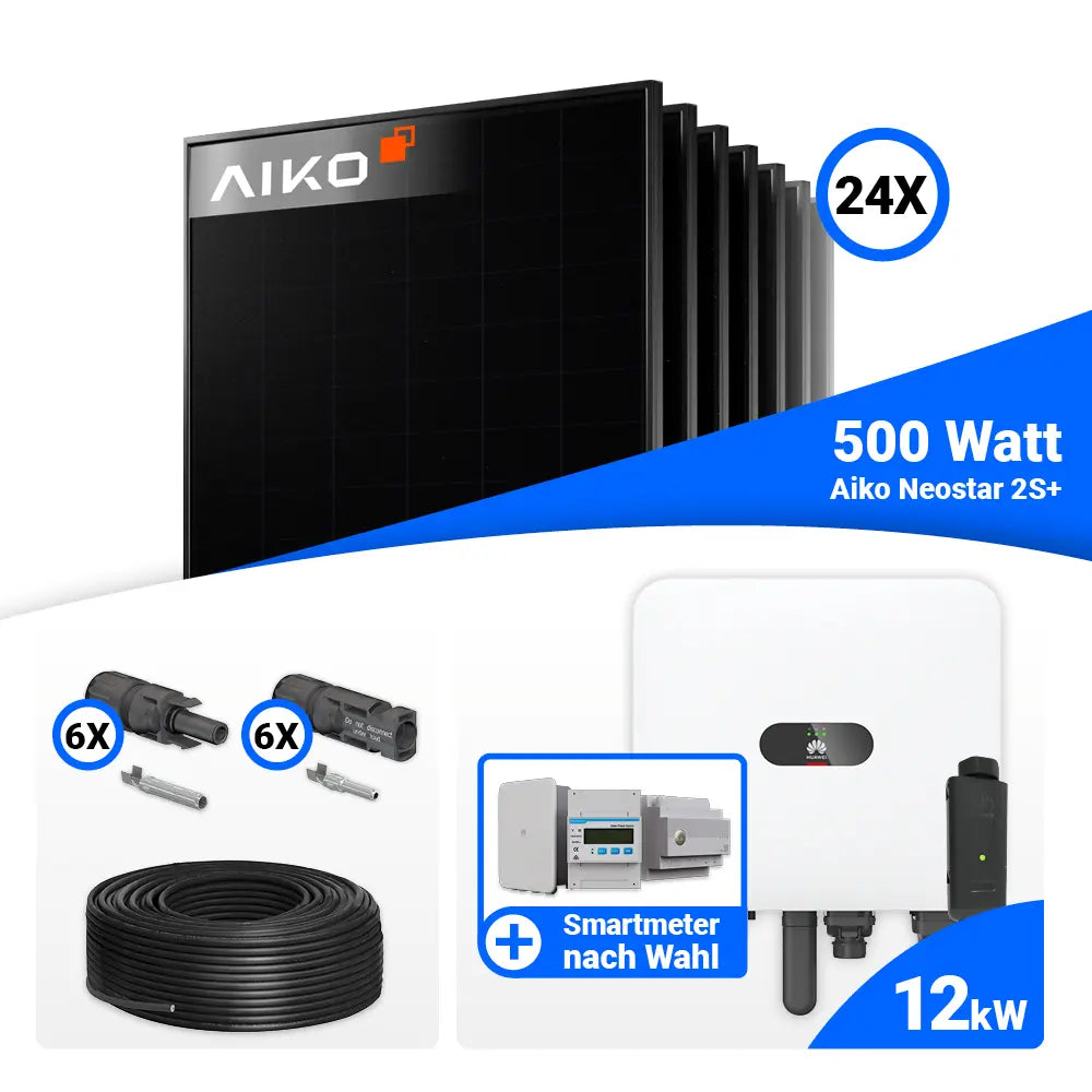 PV Komplettset 12 kWp mit AIKO 500W Full Black und Huawei MAP0