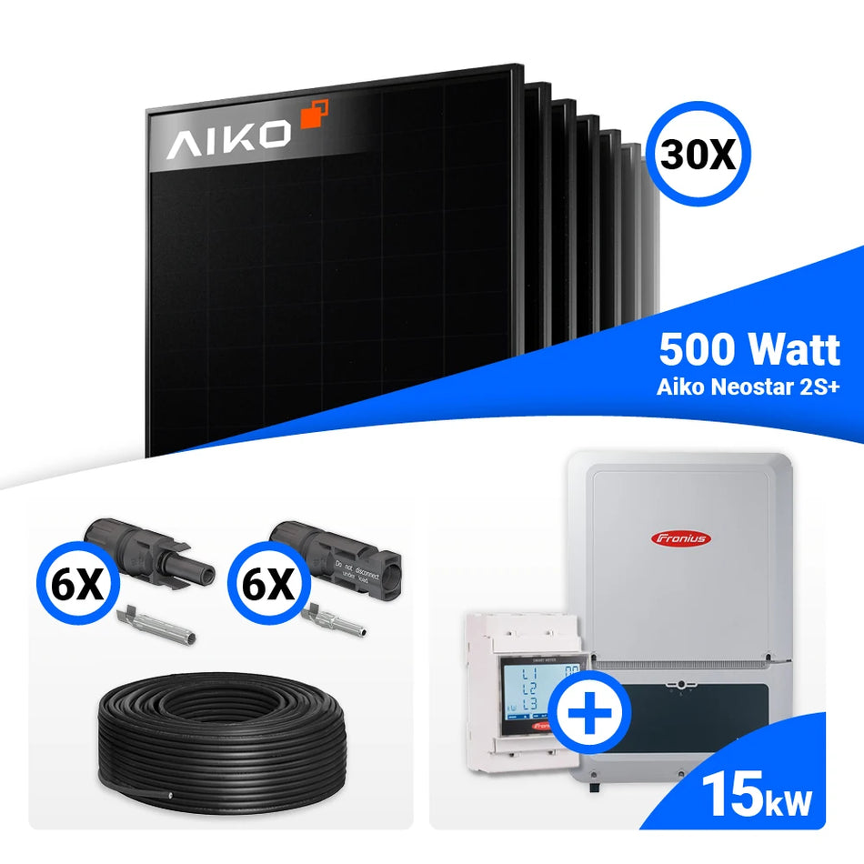 PV Komplettset 15 kWp – 30x AIKO 500W Full Black & Fronius Verto Plus 15.0 mit Speicheroption
