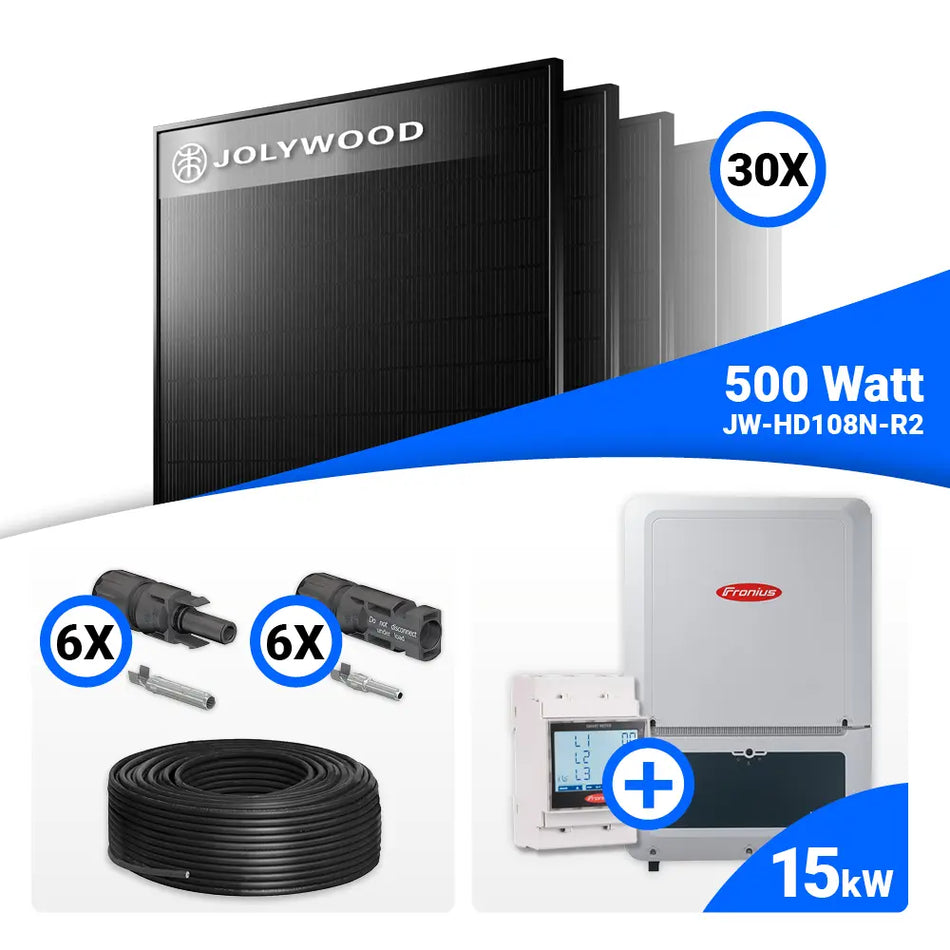 PV Komplettset 15 kWp – 30x Jolywood 500W Full Black & Fronius Verto Plus 15.0 mit Speicheroption