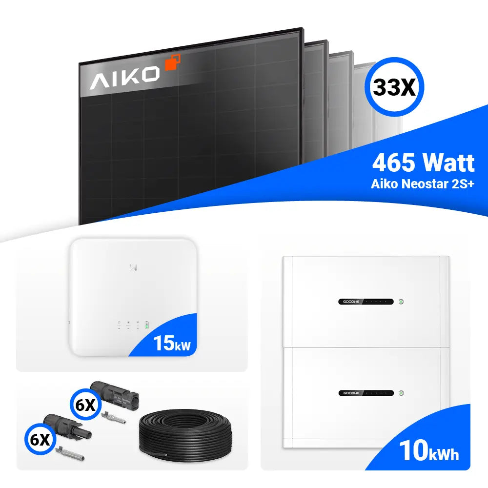 15 kWp Photovoltaik-Komplettset mit 33 × AIKO Neostar 2S+ 465W Full Black Solarmodulen, GoodWe GW15K-ET-20 Hybridwechselrichter und 10 kWh GoodWe Lynx Home F Plus Speicher. Komplettlösung für nachhaltige Energieerzeugung – online kaufen bei SH24.