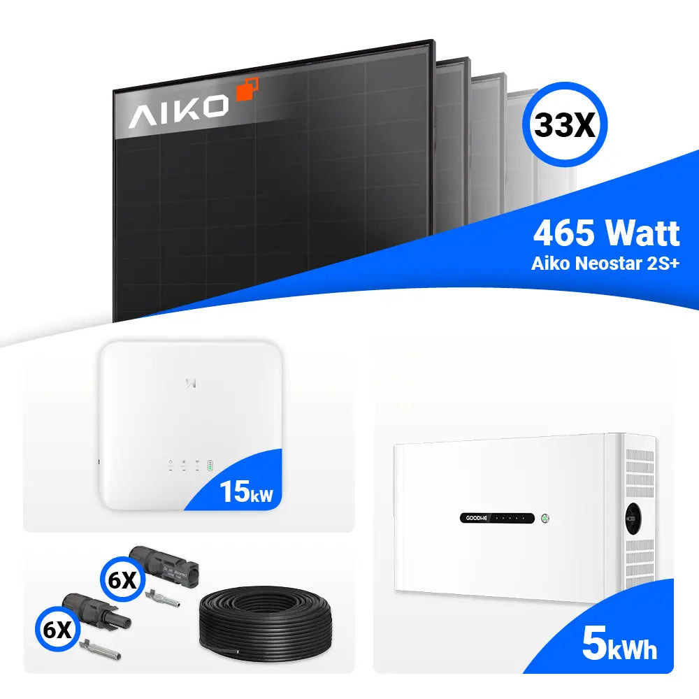 PV-Komplettset 15 kWp mit 33 × AIKO Neostar 2S+ 465W Full Black Solarmodulen, GoodWe GW15K-ET-20 Hybridwechselrichter und 5 kWh GoodWe Lynx Home F Plus Batteriespeicher. Effiziente Solaranlage mit Stromspeicher für Haushalt oder Gewerbe – erhältlich bei SH24.