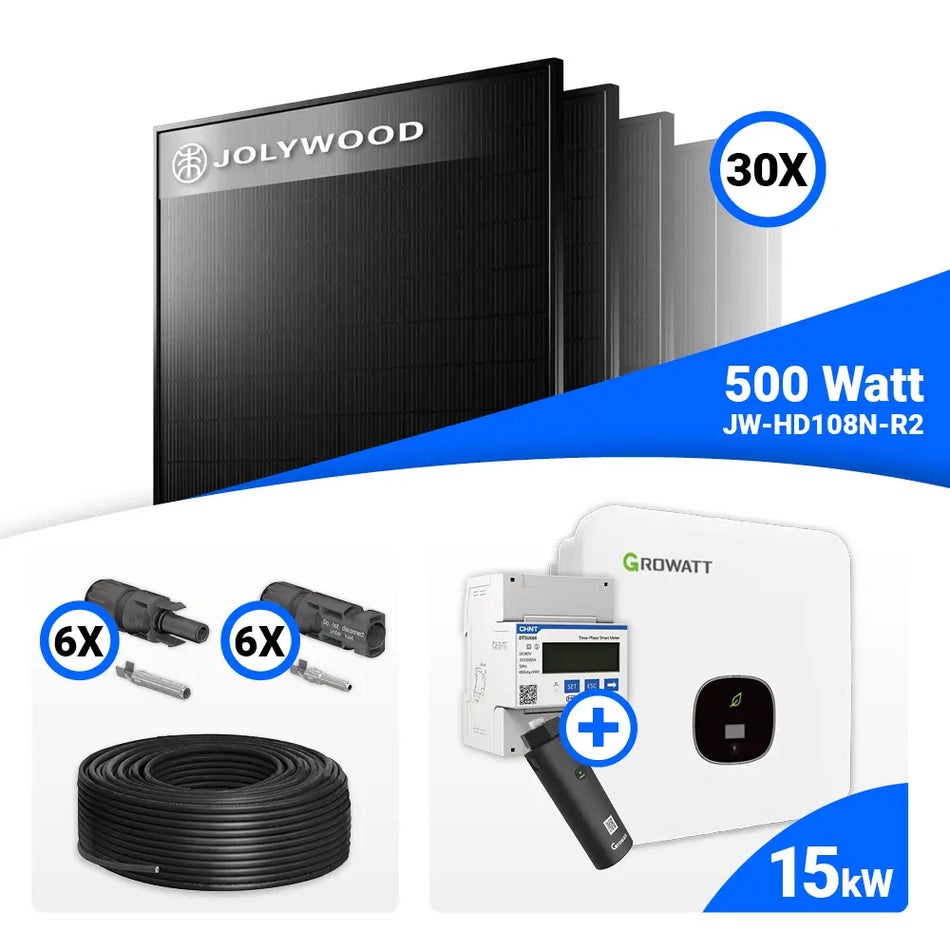 PV Komplettset 15 kWp – 30x Jolywood 500W Full Black & Growatt MOD 15KTL3-HU mit Speicheroption