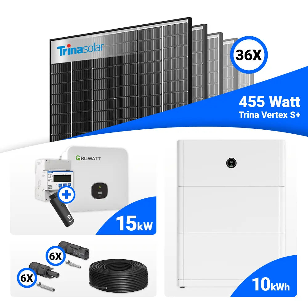 15 kWp PV-Set mit Trina 455 Watt Black Frame (36 Stück) und Growatt MOD 15KTL3-HU 15kW Hybrid-Wechselrichter, inkl. Speicheroption.