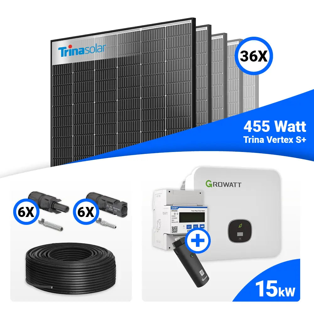 PV Komplettset 15 kWp mit 36x Trina 455W Black Frame Solarmodulen und Growatt MOD 15KTL3-HU 15 kW Wechselrichter, Speicheroption möglich.