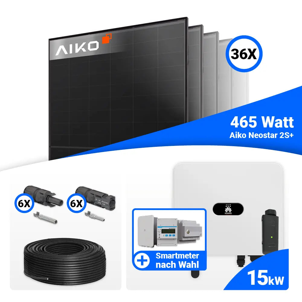 PV Komplettset 15 kWp mit AIKO 465W Full Black und Huawei SUN2000-15K-MB0