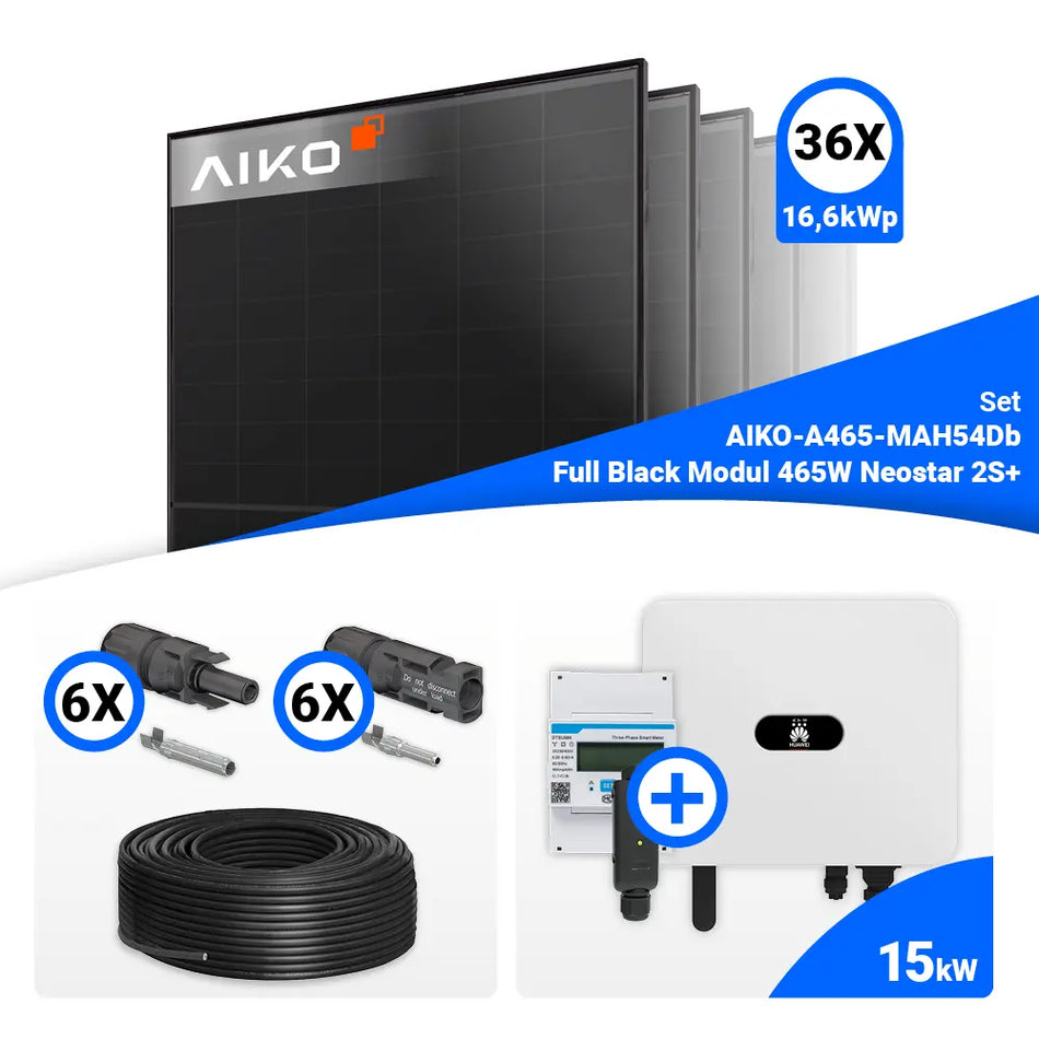 PV Komplettset 15 kWp – 36x AIKO 465W Full Black & Huawei SUN2000-15K-MB0 mit Speicheroption