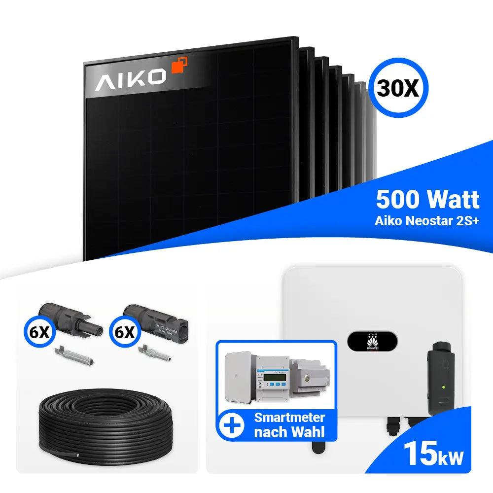 PV Komplettset 15 kWp mit AIKO 500W Full Black und Huawei SUN2000-15K-MB0