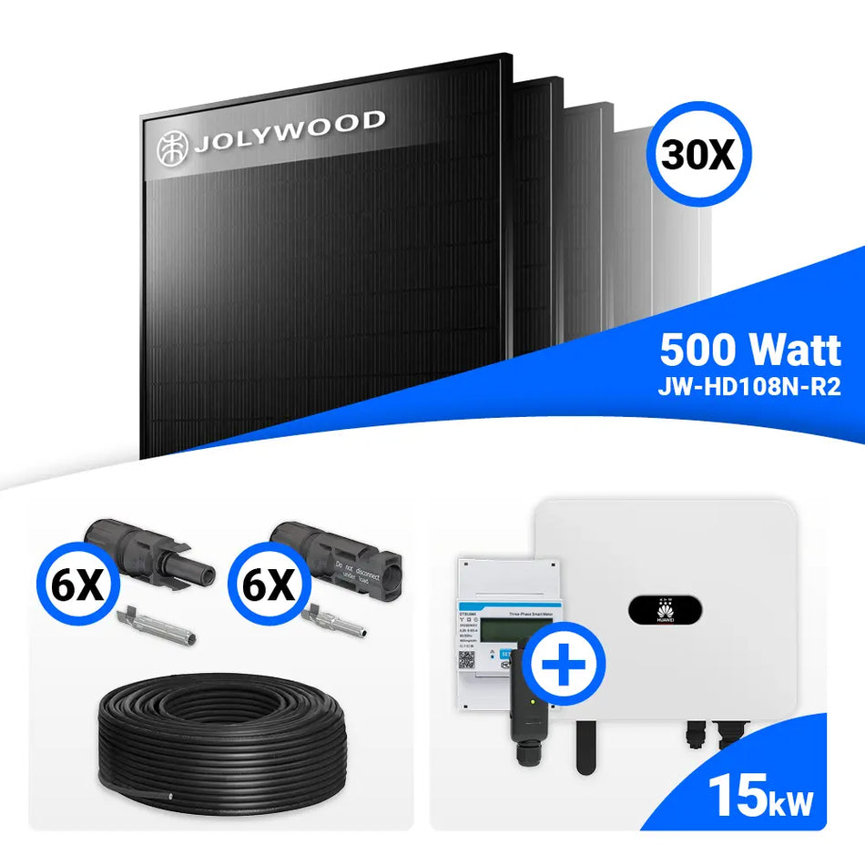 PV Komplettset 15 kWp – 30x Jolywood 500W Full Black & Huawei SUN2000-15K-MB0 mit Speicheroption