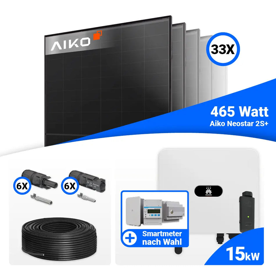 PV Komplettset 15 kWp – 33x AIKO 465W Full Black & Huawei SUN2000-15K-MB0 mit Speicheroption