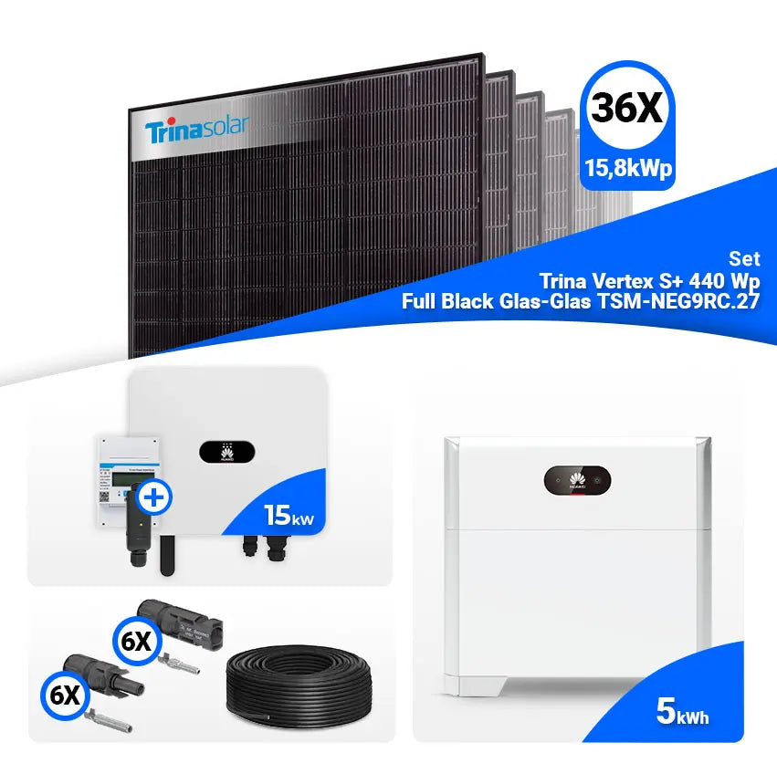 PV Komplettset 15 kWp – 36x Trina 440W Full Black Bifazial & Huawei SUN2000-15K-MB0 mit Speicheroption
