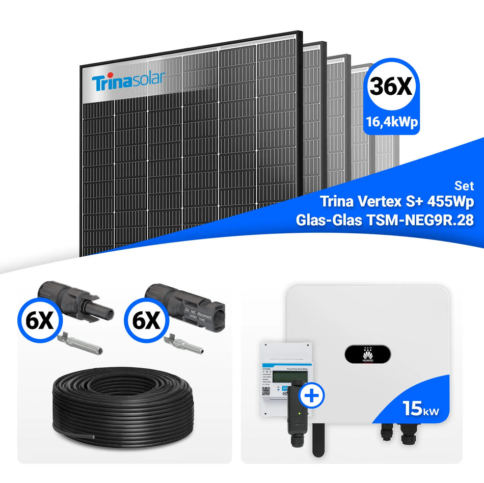 PV Komplettset 15 kWp – 36x Trina 455W Black Frame & Huawei SUN2000-15K-MB0 mit Speicheroption