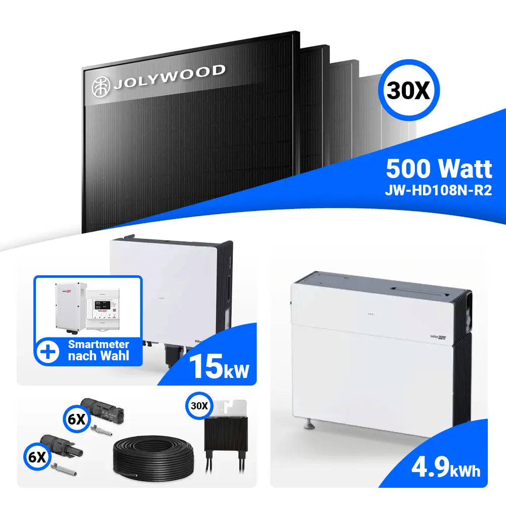 PV Komplettset 15 kWp Jolywood 500W Full Black & SolarEdge Nexis Battery Stack 5