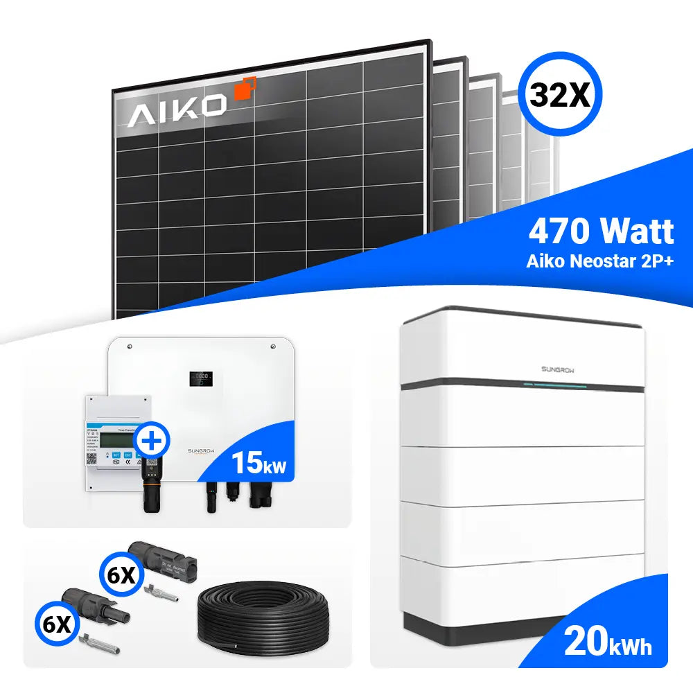Solarkomplettset 15 kWp mit 32 AIKO 470W Panels und Sungrow SH15T – effiziente Energieerzeugung.