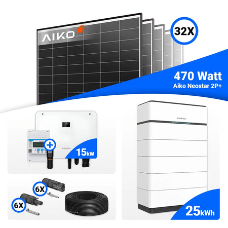 Photovoltaik 15 kWp – AIKO 470W Black Frame und Sungrow SH15T, erweiterbar um Speicher.
