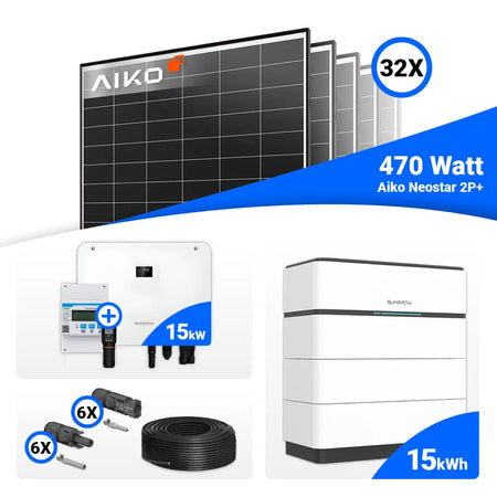 PV-Komplettpaket 15 kWp – 32 AIKO 470W Module und Sungrow SH15T, optional mit Stromspeicher.