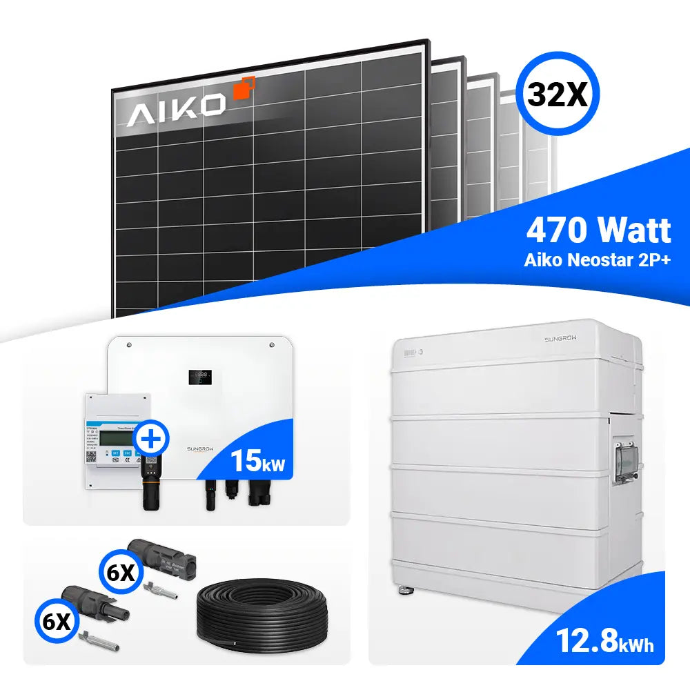 Solaranlage 15 kWp – AIKO 470W Module mit Sungrow SH15T, erweiterbar um Batteriespeicher.