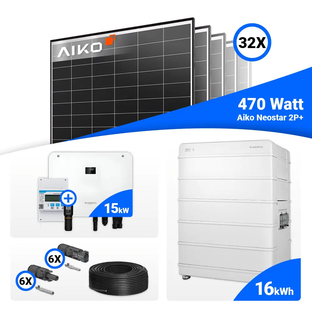 PV-Set 15 kWp mit 32 AIKO 470W Panels und Sungrow SH15T – effiziente PV-Lösung mit Speicheroption.