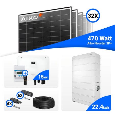 Photovoltaik Komplettset 15 kWp – AIKO 470W Black Frame und Sungrow SH15T Hybrid-Wechselrichter.