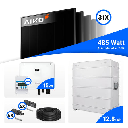 Komponenten des 15 kWp Photovoltaik Sets von AIKO und Sungrow.