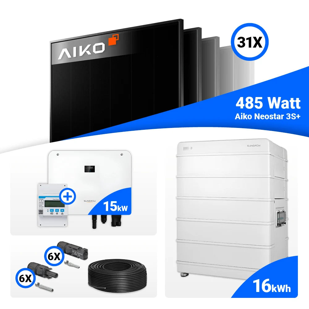 Palette mit 31 Stück AIKO 485W Full Black Solarmodulen für 15 kWp Anlage.