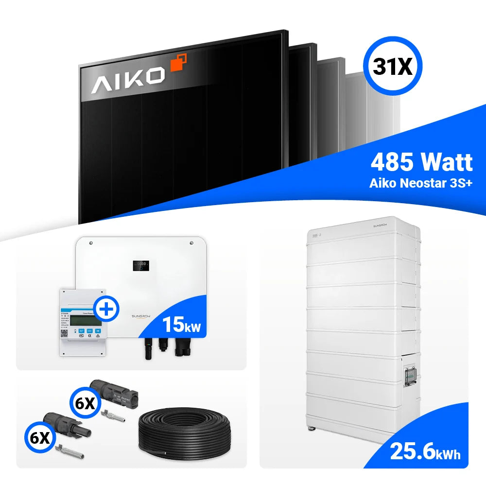 Hochleistungs-Solarmodule AIKO 485W für 15 kWp PV Komplettanlagen.