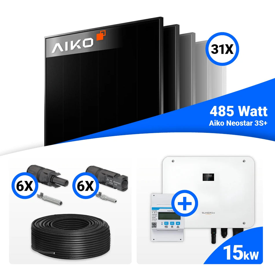 PV Komplettset 15 kWp mit AIKO 485W Full Black Modulen und Sungrow SH15T.