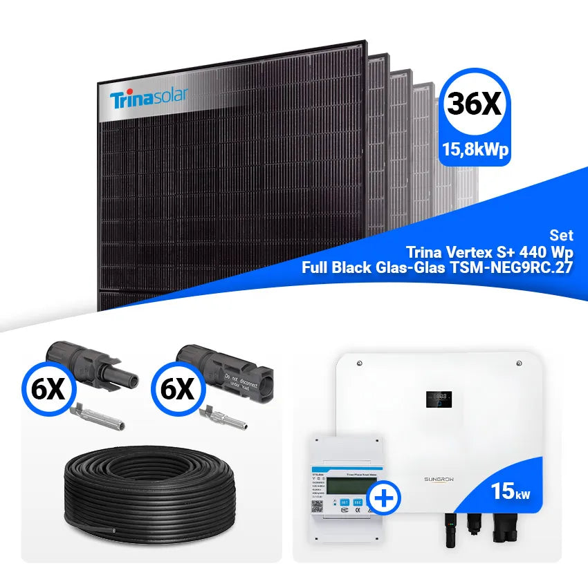 PV Komplettset 15 kWp – 36x Trina 440W Full Black Bifazial & Sungrow Hybrid SH15T mit Speicheroption