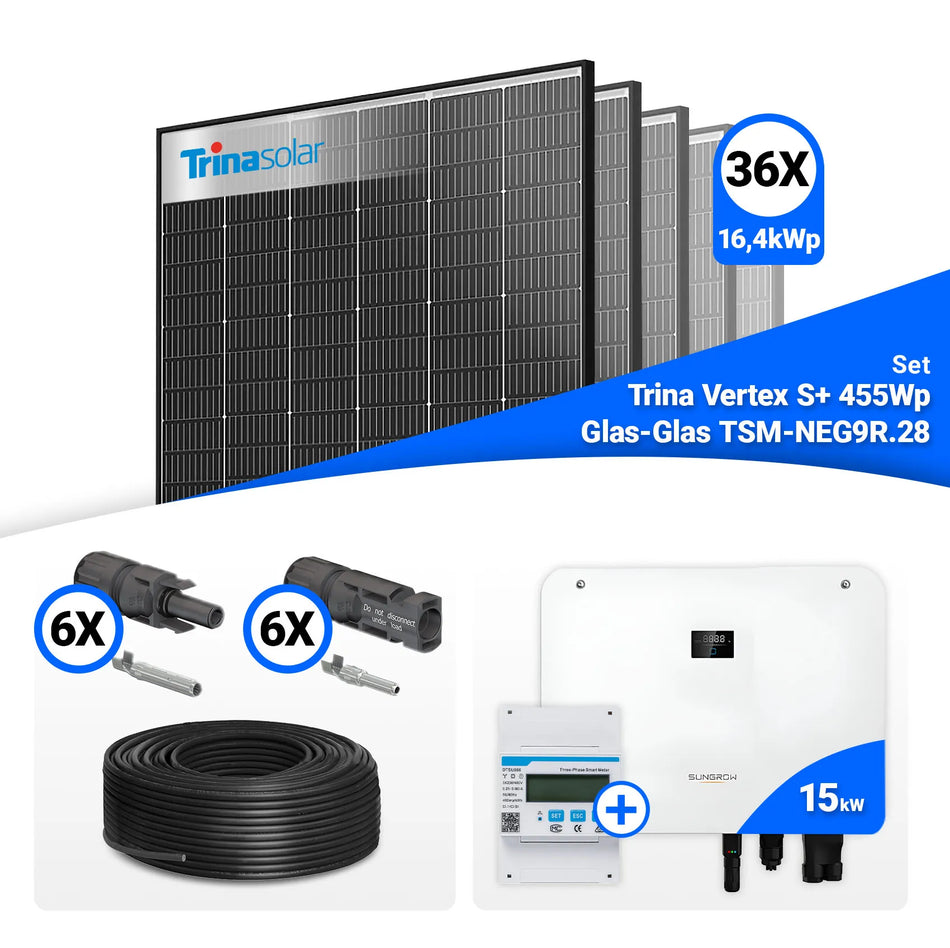 PV Komplettset 15 kWp – 36x Trina 455W Black Frame & Sungrow Hybrid SH15T mit Speicheroption