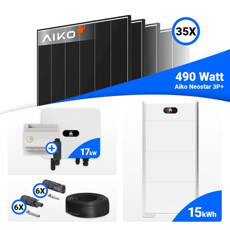 Photovoltaik Anlage 17 kWp Komplettset: AIKO 490W Black Frame (35 Module) & Huawei SUN2000-17K-MB0 – vorbereitet für Speichererweiterung