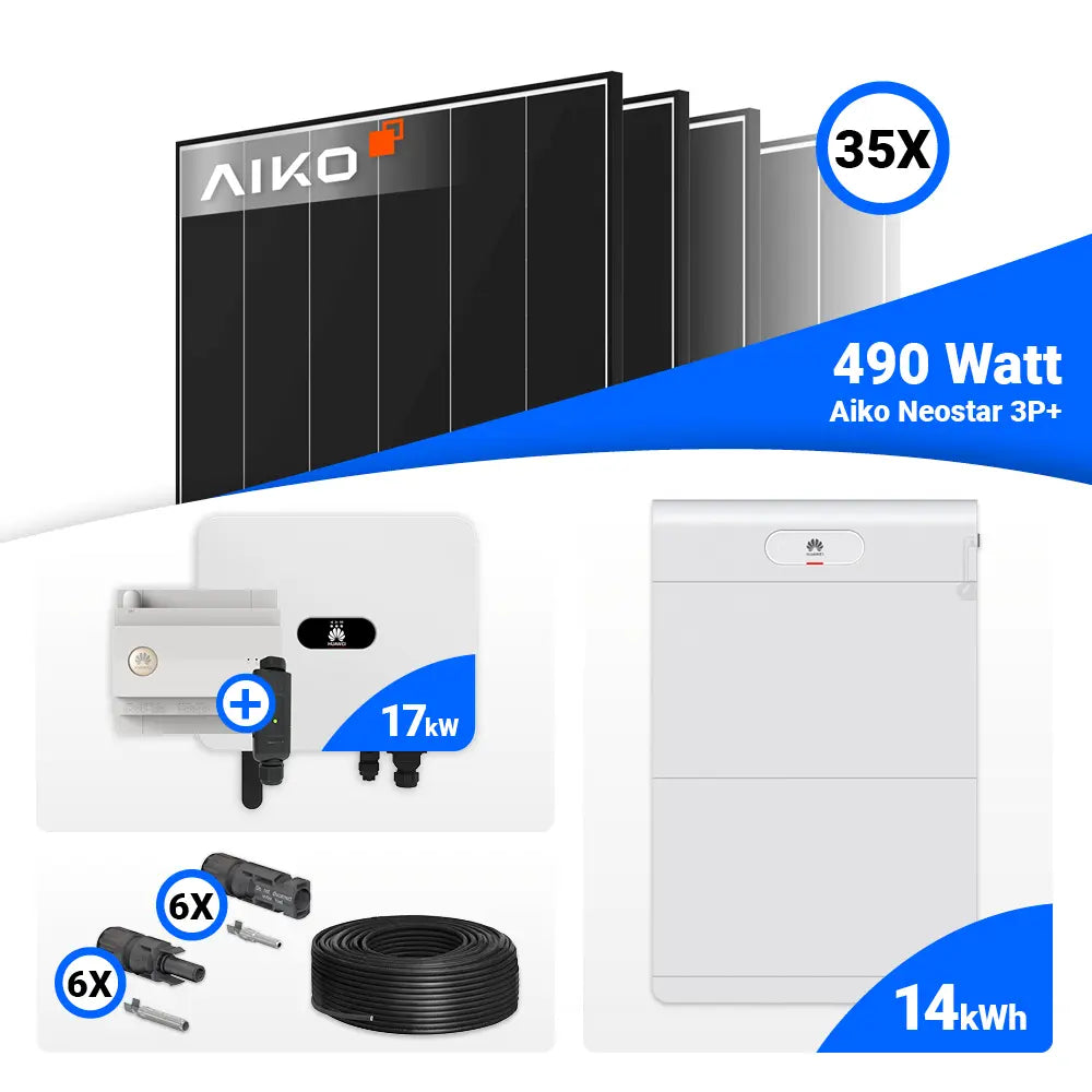 PV Komplettanlage 17 kWp mit 35 AIKO 490W Black Frame Solarpanels & Huawei SUN2000-17K-MB0 – optimal für Eigenverbrauch, Speicher optional