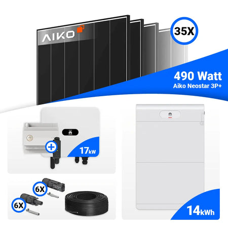 PV Komplettanlage 17 kWp mit 35 AIKO 490W Black Frame Solarpanels & Huawei SUN2000-17K-MB0 – optimal für Eigenverbrauch, Speicher optional