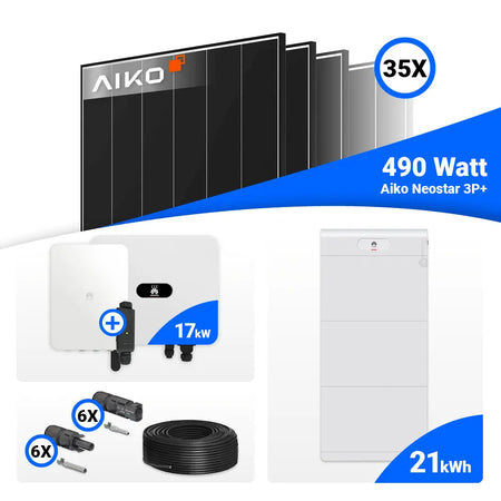PV Komplettsystem 17 kWp: 35 AIKO 490W Black Frame Module + Huawei SUN2000-17K-MB0 – vorbereitet für Batteriespeicher