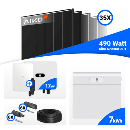 PV Anlage 17 kWp Set – AIKO 490W Black Frame (35 Module) inkl. Huawei SUN2000-17K-MB0, ideal für hohen Strombedarf, Speicher optional