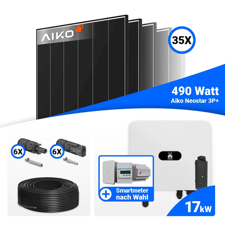 PV Komplettset 17 kWp mit AIKO 490W Black Frame und Huawei SUN2000-17K-MB0