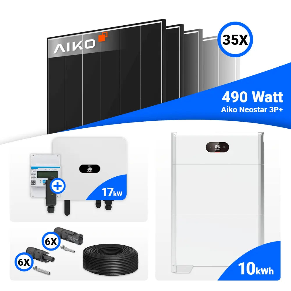 Solaranlage Komplettset 17 kWp für Eigenverbrauch: 35x AIKO 490W Black Frame Module & Huawei SUN2000-17K-MB0 – Speicheroption