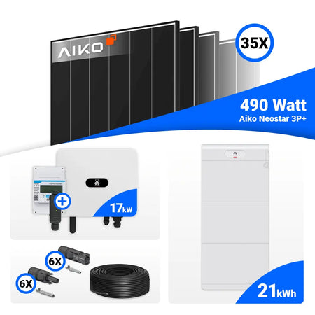 17 kWp Solar Komplettset mit 35x AIKO 490W Black Frame + Huawei SUN2000-17K-MB0 – Stromkosten senken, Speicheroption verfügbar