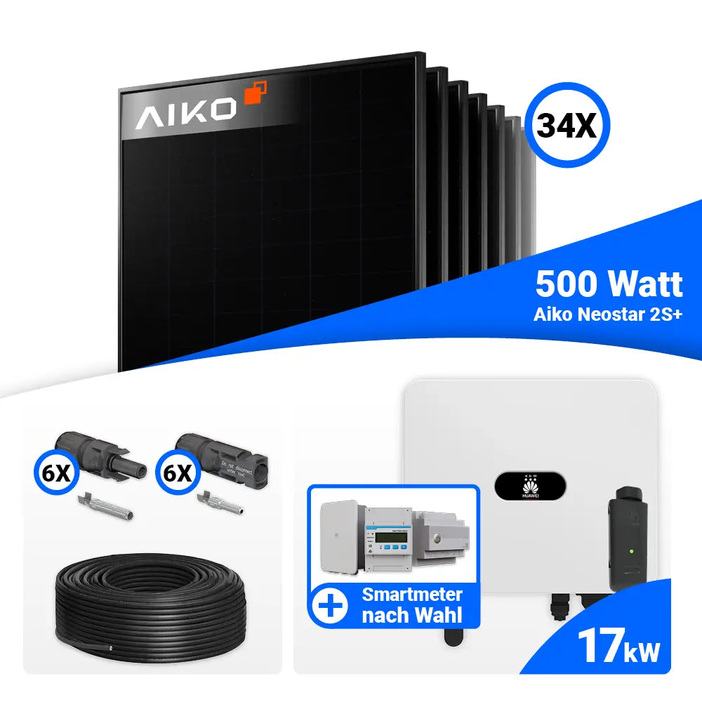 PV Komplettset 17 kWp mit AIKO 500W Full Black und Huawei SUN2000-17K-MB0