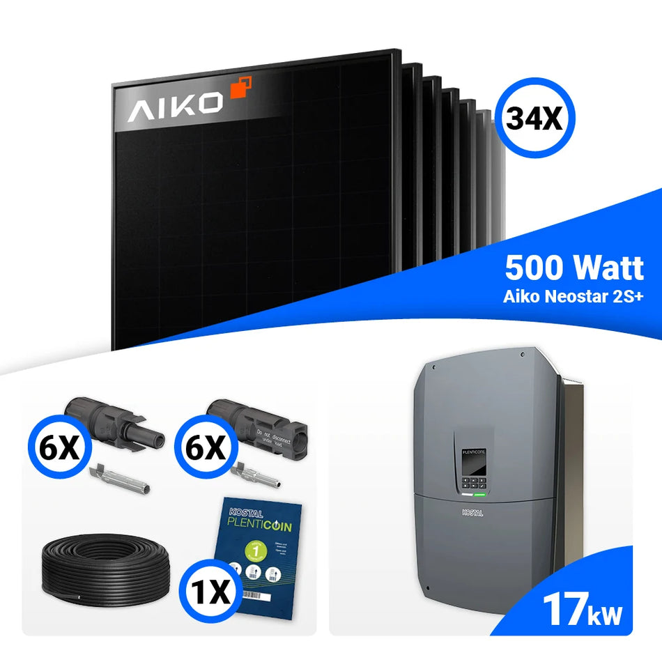 PV Komplettset 17 kWp – 34x AIKO 500W Full Black & Kostal PLENTICORE G3 L mit Speicheroption