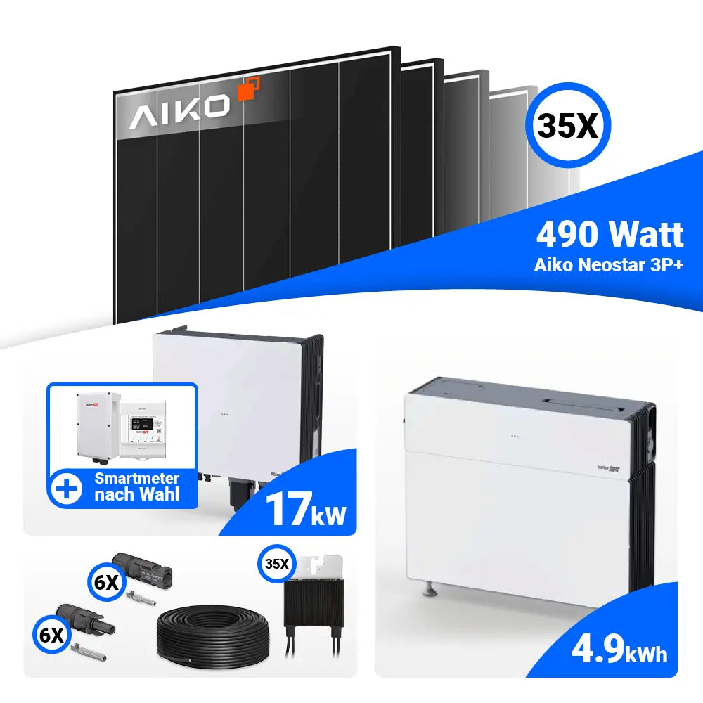PV Komplettset 17 kWp AIKO 490W Black Frame & SolarEdge Nexis Battery Stack 5