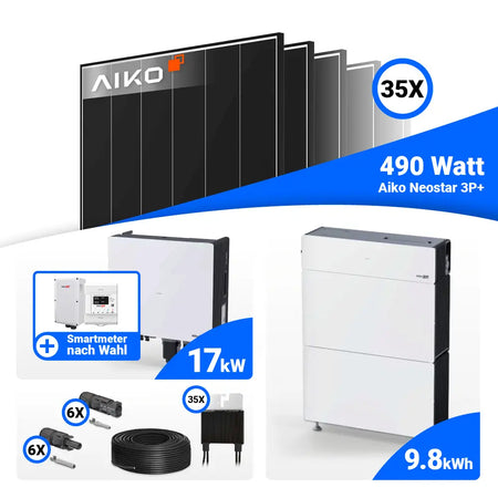 PV Komplettset 17 kWp AIKO 490W Black Frame & SolarEdge Nexis Battery Stack 10