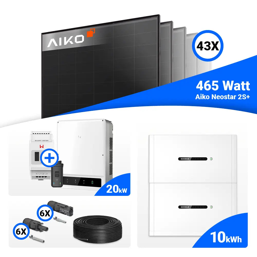 PV-Komplettanlage 20 kWp mit 43 × AIKO Neostar 2S+ Full Black Solarmodulen (465 W), GoodWe GW20K-ET Hybridwechselrichter inklusive Smart Meter und 10 kWh GoodWe Lynx Home F Plus Speicher. Komplettlösung für nachhaltige Solarstromerzeugung – erhältlich bei SH24.