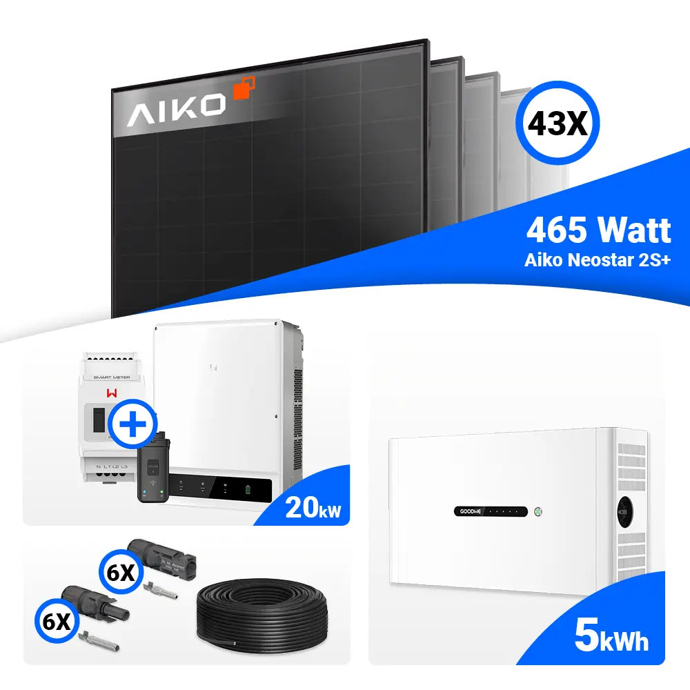Photovoltaik-Komplettset 20 kWp mit 43 × AIKO Neostar 2S+ 465W Full Black Solarmodulen, GoodWe GW20K-ET Hybridwechselrichter mit Smart Meter und 5 kWh GoodWe Lynx Home F Plus Speicher. Effiziente PV-Anlage mit Stromspeicher – ideal für Eigenheime und Betriebe, jetzt bei SH24 kaufen.