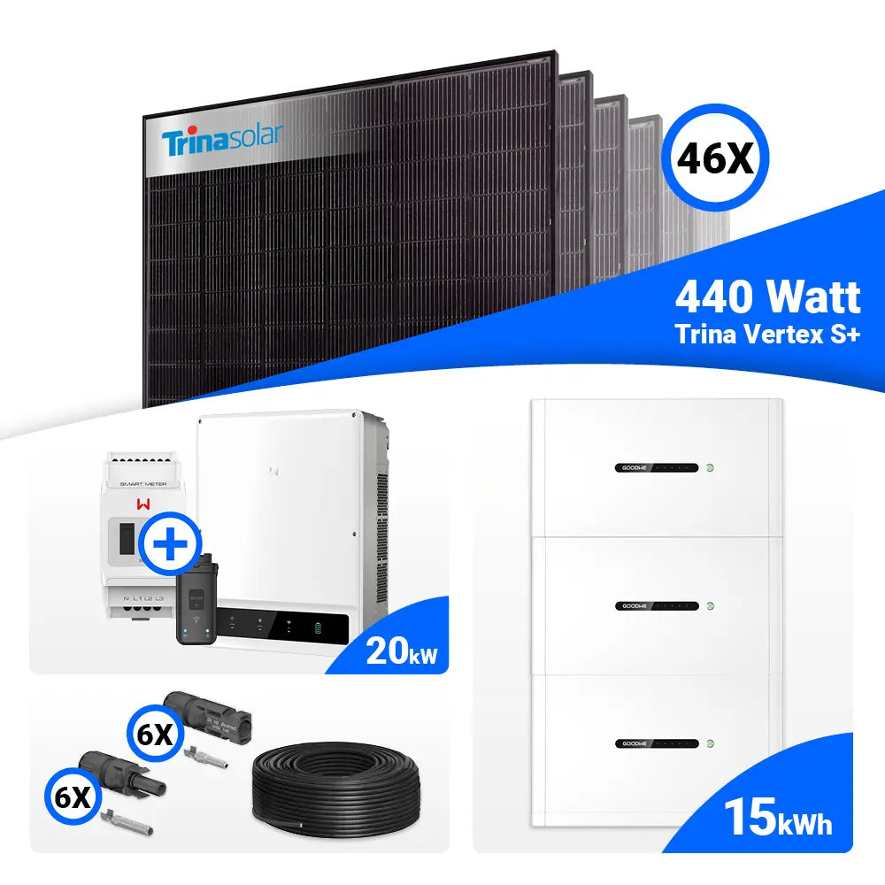 PV-Komplettset 20 kWp mit 46 × Trina Solar Vertex S+ 440W Full Black Bifazial Modulen, GoodWe GW20K-ET Hybridwechselrichter inklusive Smart Meter und 15 kWh GoodWe Lynx Home F Plus Batteriespeicher. Leistungsstarkes Solarsystem mit Speicheroption – jetzt bei SH24 kaufen.
