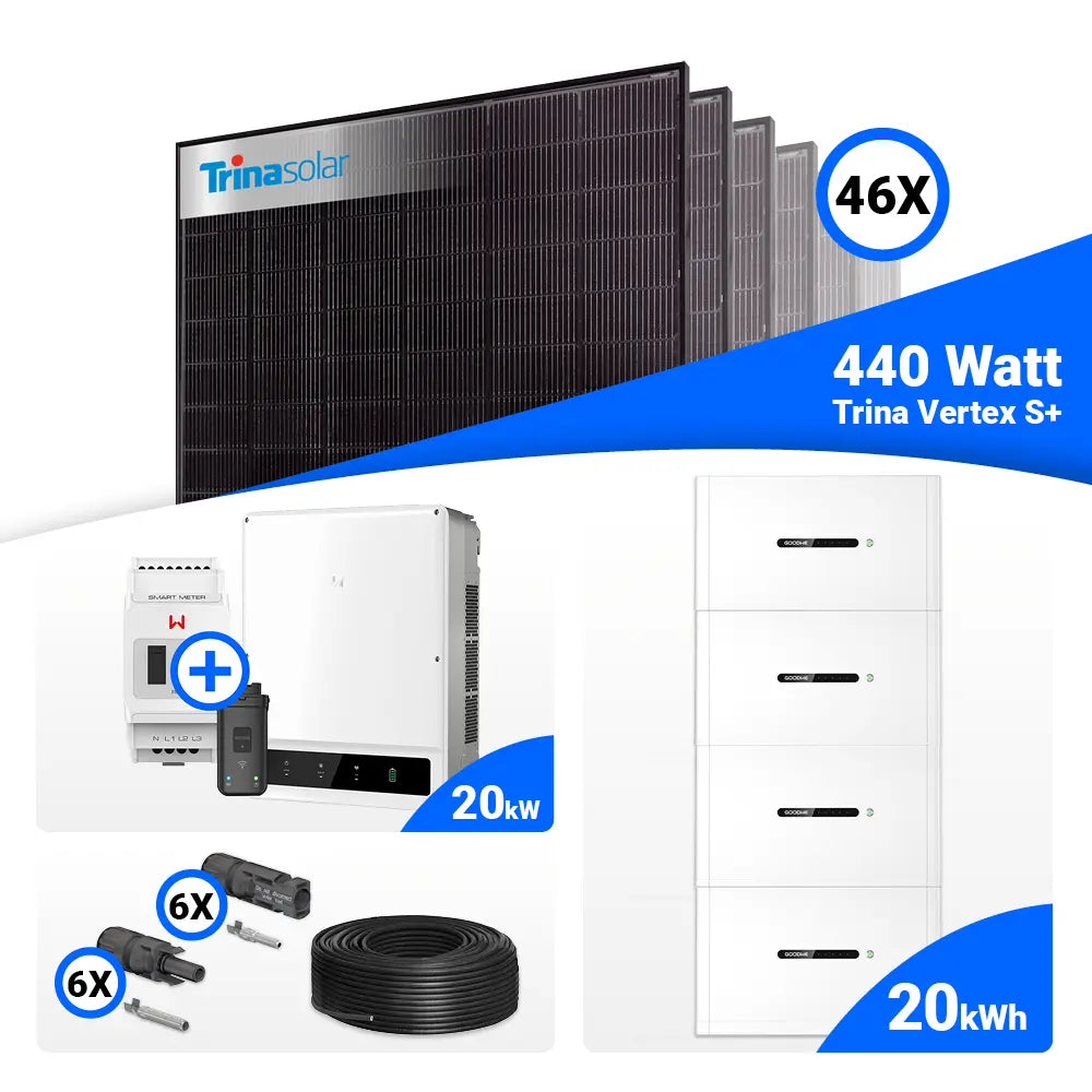 Photovoltaik-Komplettset 20 kWp mit 46 × Trina Solar Vertex S+ 440W Full Black Bifazial Solarmodulen, GoodWe GW20K-ET Hybridwechselrichter mit Smart Meter und 20 kWh GoodWe Lynx Home F Plus Speicher. Premium PV-Anlage für maximale Energieunabhängigkeit – erhältlich bei SH24.