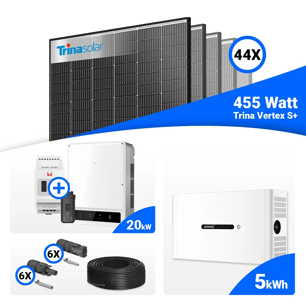 PV-Komplettset 20 kWp mit 44 × Trina Solar Vertex S+ 455W Black Frame Solarmodulen, GoodWe GW20K-ET Hybridwechselrichter mit Smart Meter und 5 kWh GoodWe Lynx Home F Plus Speicher. Effiziente Photovoltaikanlage mit Speicherlösung – erhältlich bei SH24.