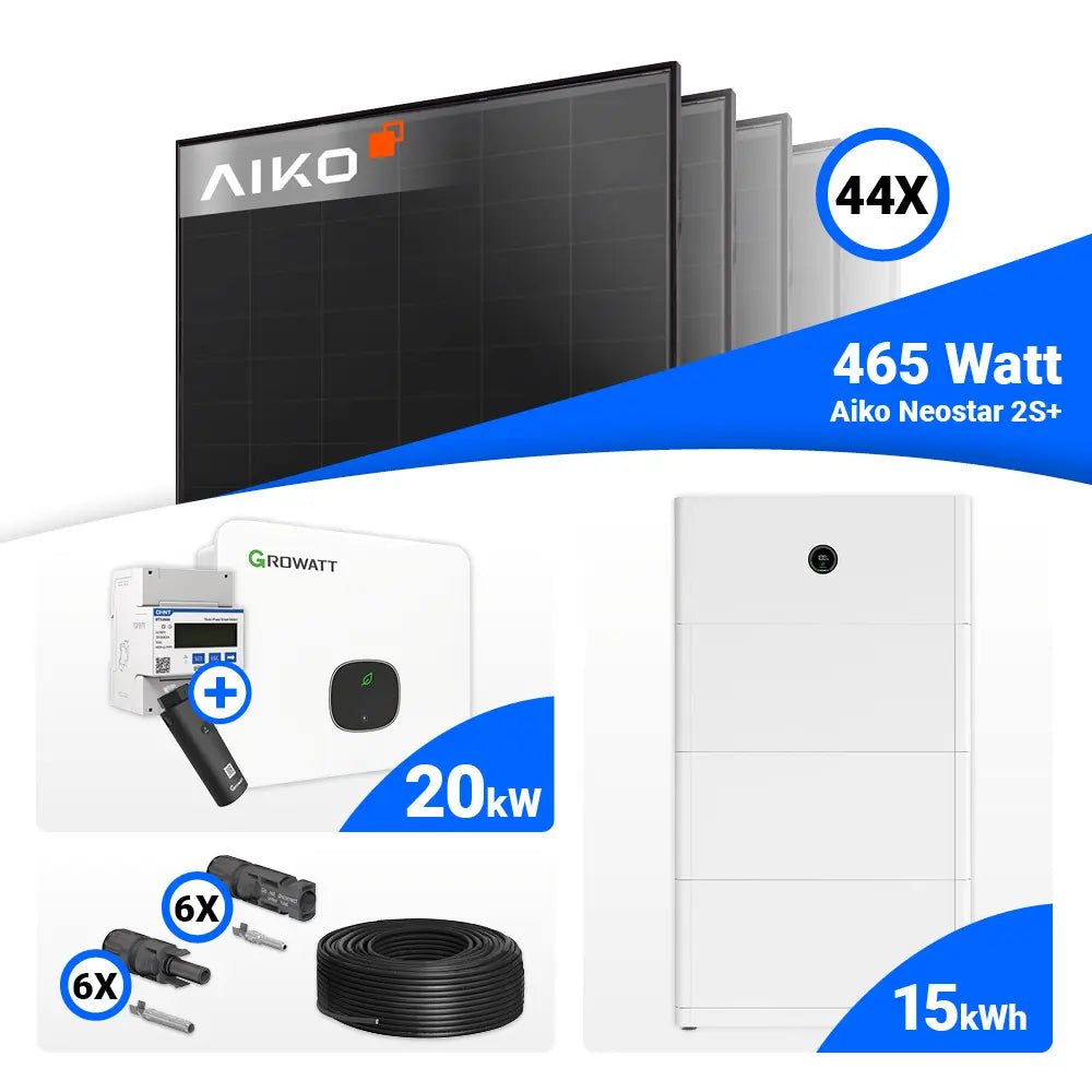 Photovoltaik Komplettpaket 20 kWp – 44x AIKO 465W Full Black, Growatt MID20KTL3-XH 20 kW, speicherfähig.