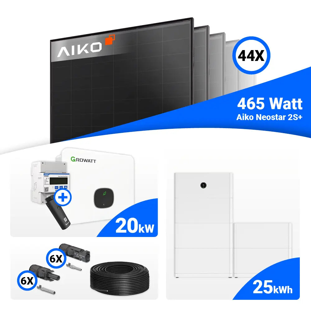 Komplettset für PV 20 kWp: 44x AIKO 465W Full Black Solarmodule + Growatt MID20KTL3-XH 20kW, Speicher optional.
